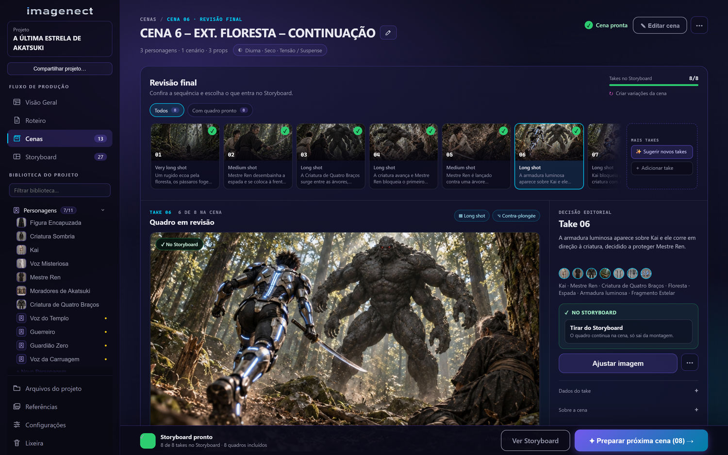 Cena 6 de Akatsuki aberta no Imagenect: os oito takes da floresta e o take 06 em revisão, onde a armadura luminosa aparece sobre Kai; a lista de elementos do take inclui a armadura.