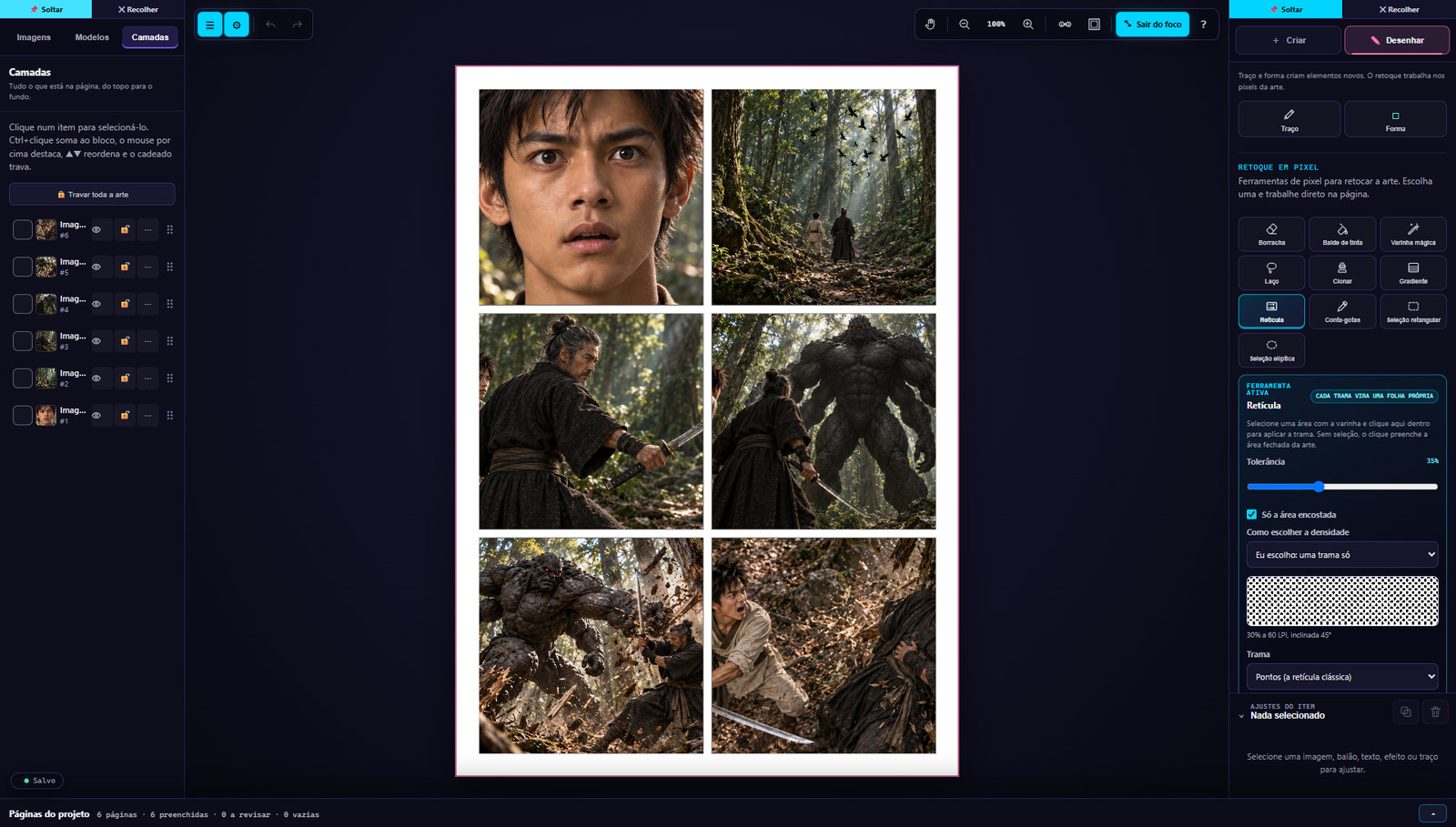 Editor de quadrinhos do Imagenect em modo de foco, com página preenchida, camadas e ferramentas de desenho e retícula.