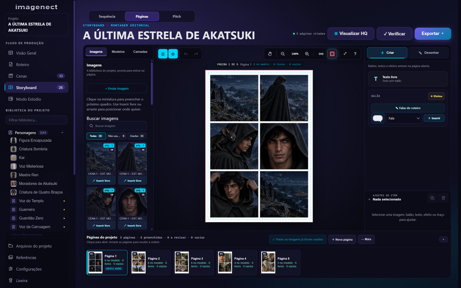 Editor de HQ do Imagenect desktop com uma página de seis quadros da cena na montanha de Akatsuki, biblioteca e ferramentas de balões.
