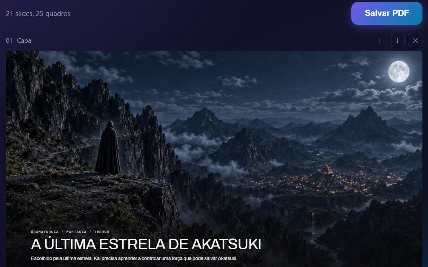 Pitch de A Última Estrela de Akatsuki no Imagenect desktop: 21 slides, 25 quadros e a capa com a montanha ao luar.