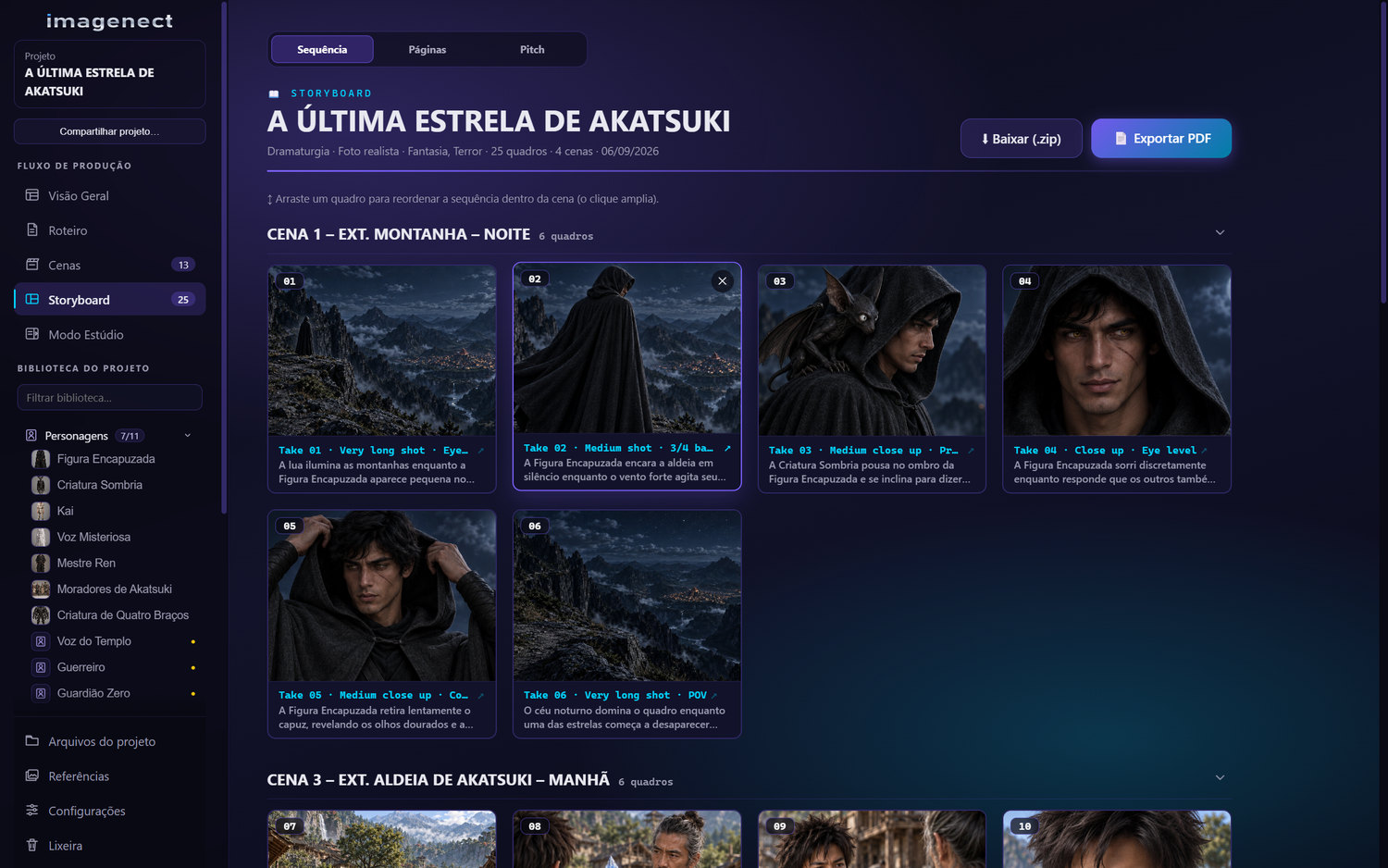 Captura do Imagenect desktop com o storyboard de A Última Estrela de Akatsuki e os seis takes da cena na montanha.