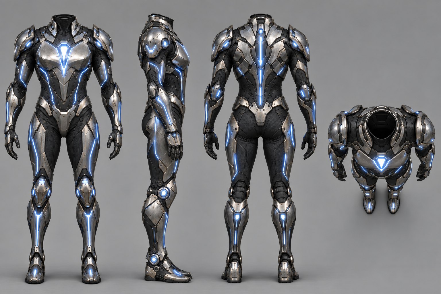 Model sheet da armadura luminosa de Kai: frente, perfil, costas e detalhe do peitoral, com placas metálicas e linhas de energia azul.