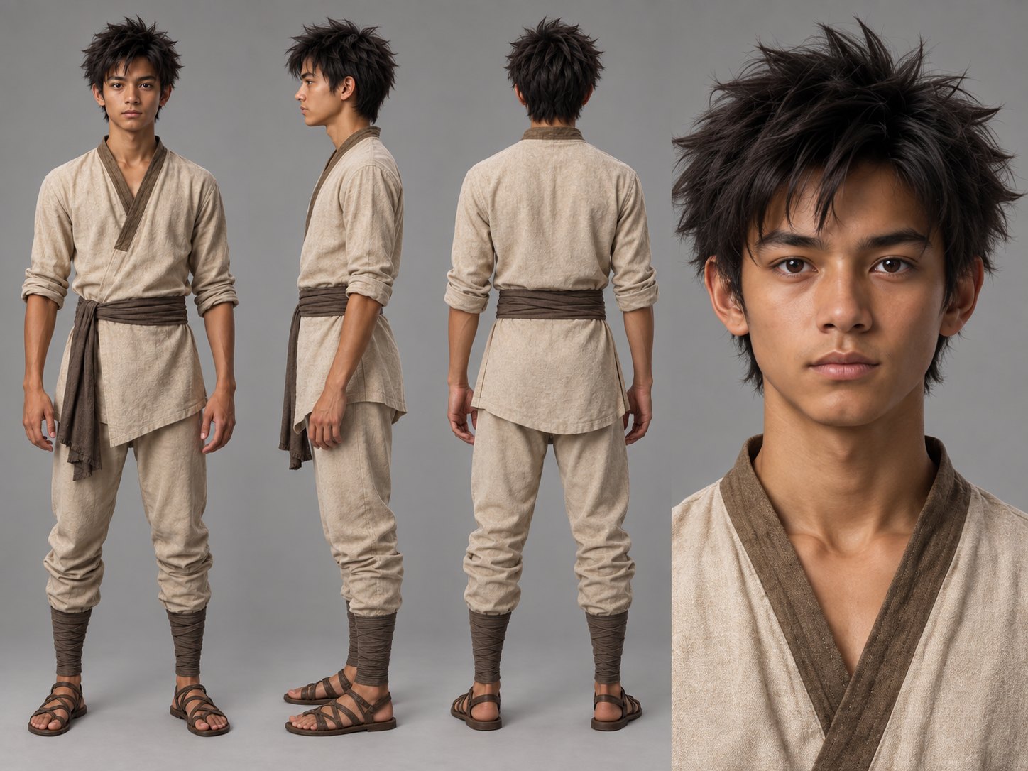 Model sheet de Kai: frente, perfil, costas e detalhe do rosto, com o figurino de referência.