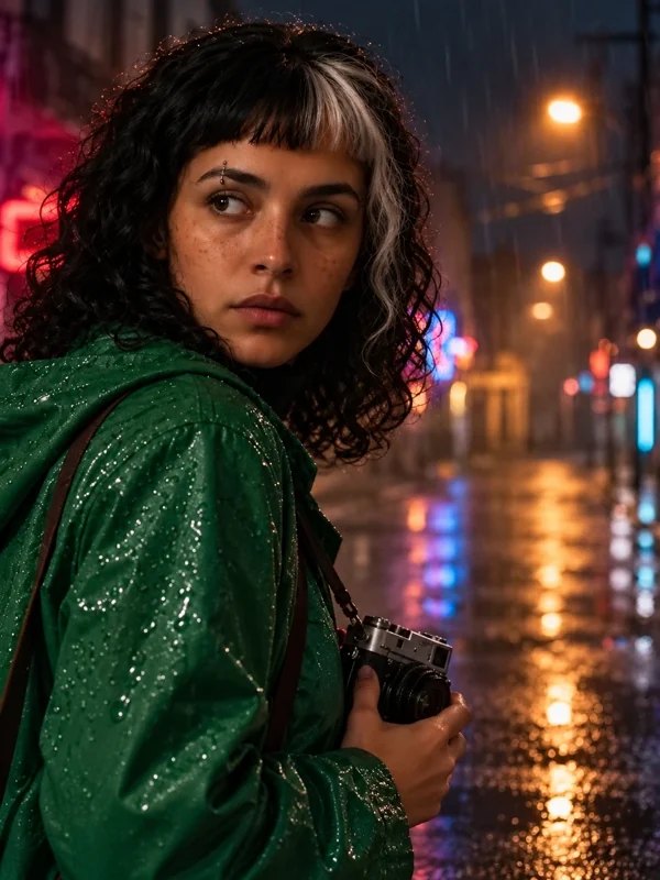 Exemplo ilustrativo: Lia com pequenas mudanças nos traços, no cabelo e na mecha clara, usando capa verde.