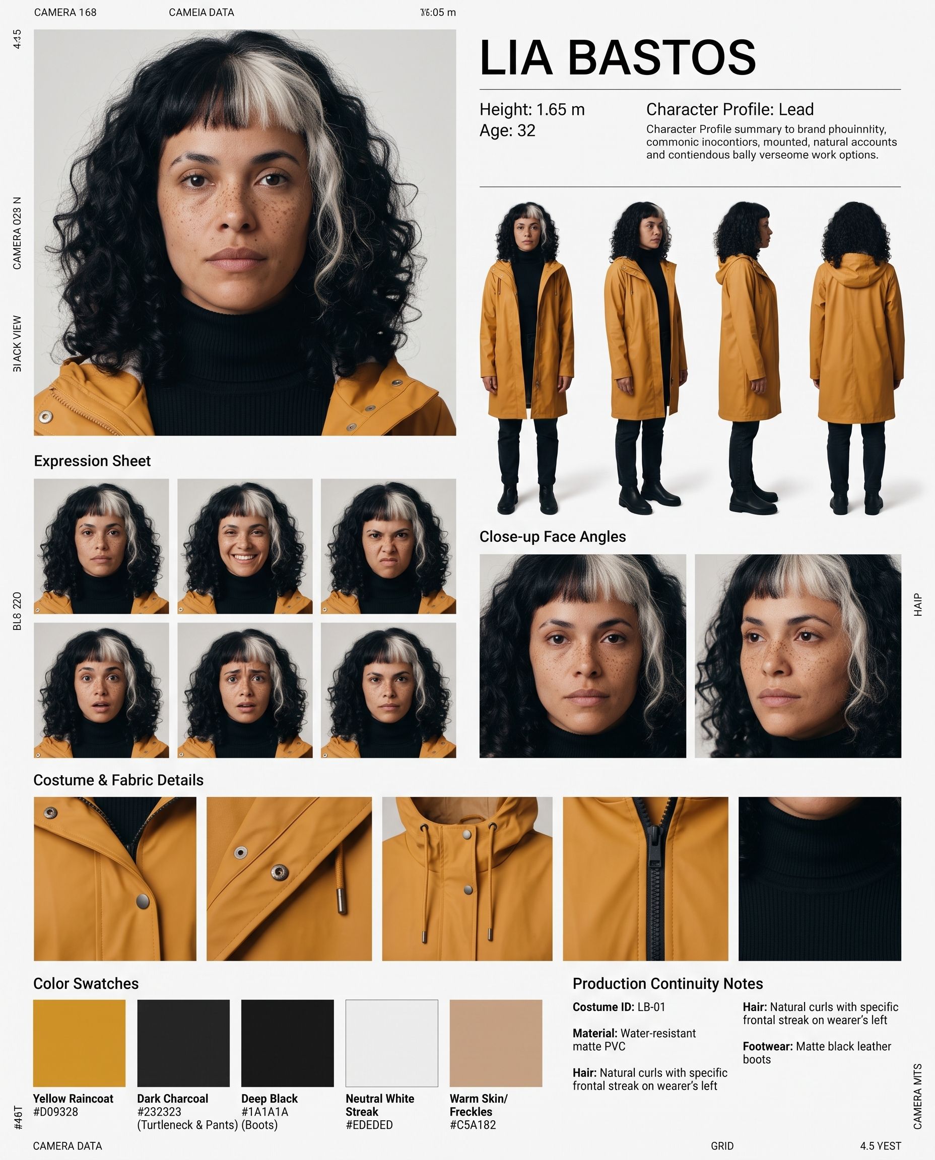 Model sheet detalhado de Lia Bastos, com expressões, ângulos do rosto, detalhes do casaco e paleta de cores.