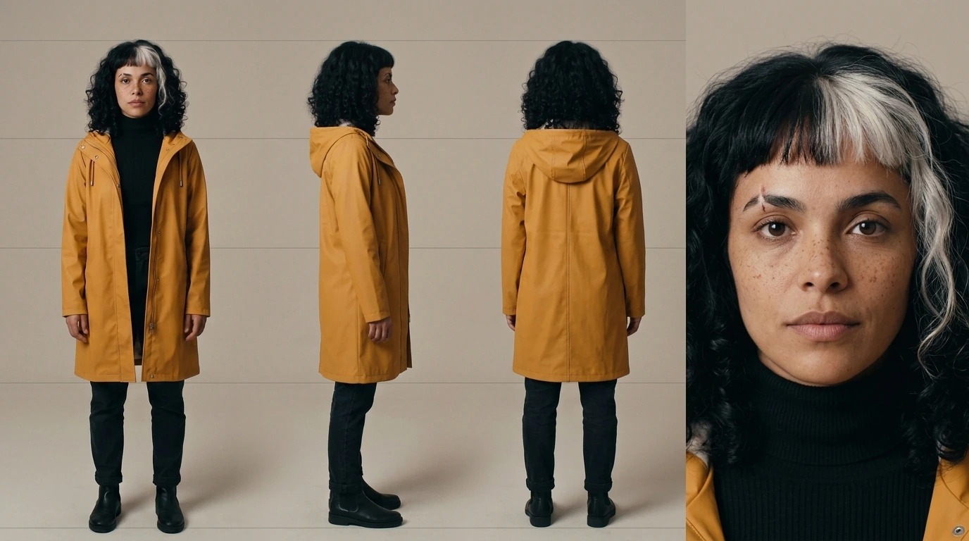 Model sheet padrão de Lia Bastos: corpo de frente, de perfil e de costas e um retrato do rosto.