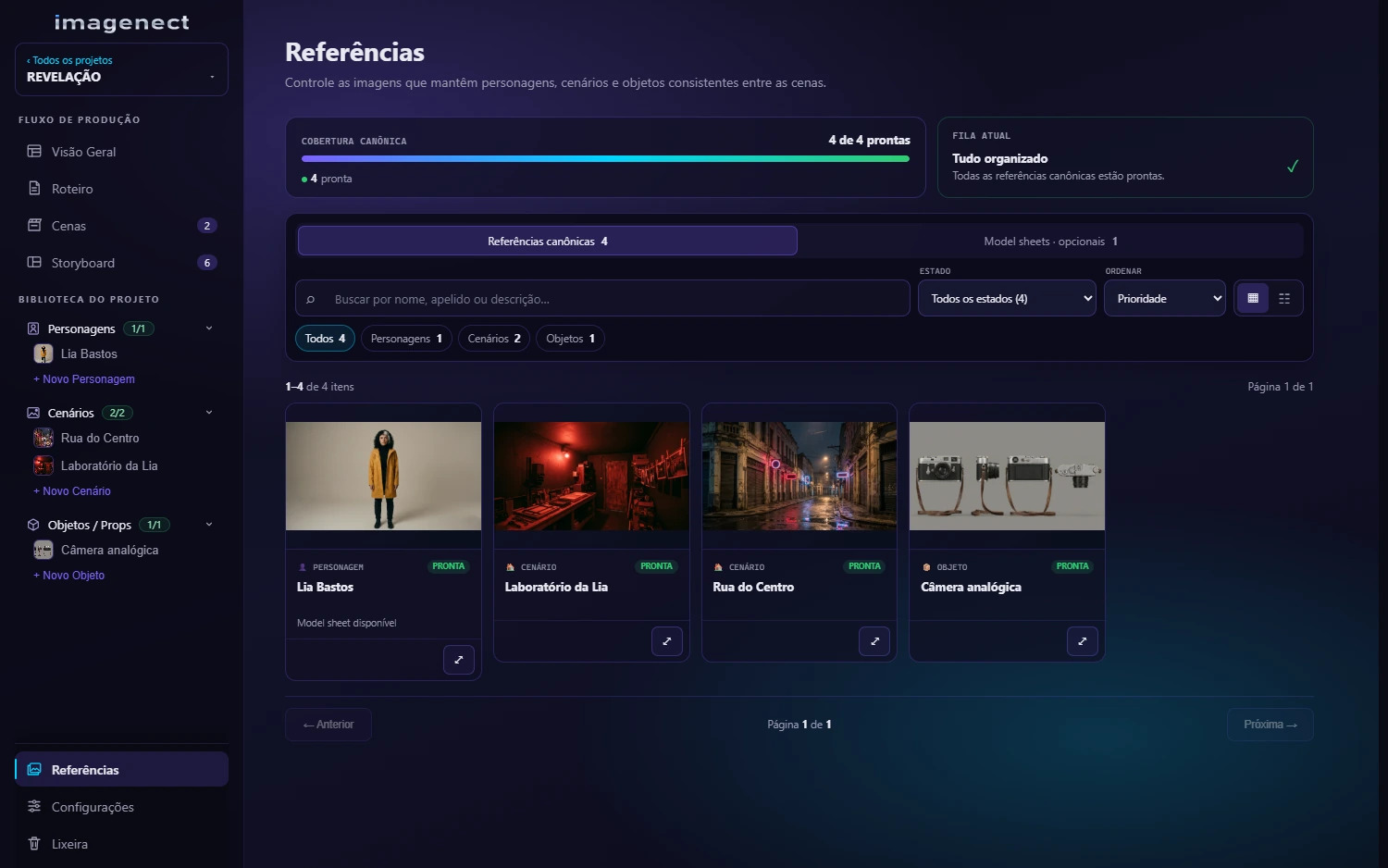 Biblioteca de referências de Revelação, com a personagem Lia, dois cenários e uma câmera.