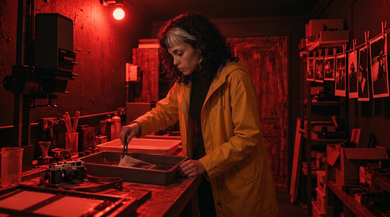 Quadro de Revelação: Lia revela fotografias no laboratório sob luz vermelha.
