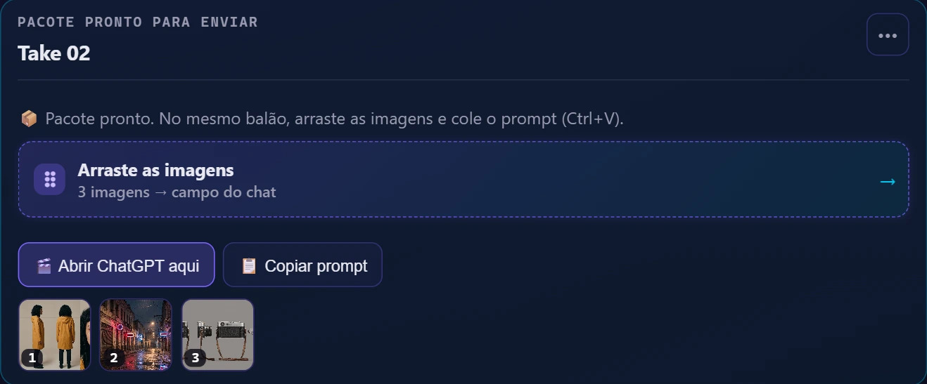 Pacote do take 02 com prompt e referências numeradas de Lia, da rua e da câmera.