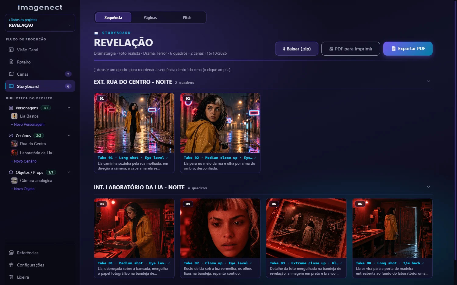 Storyboard de Revelação no Imagenect, com os seis quadros organizados em duas cenas.