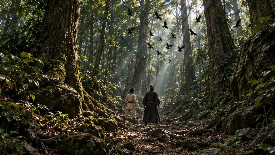 Kai, de roupa de linho clara, e Mestre Ren param numa trilha da floresta enquanto os pássaros levantam voo, em plano geral.